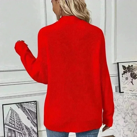 Red Casual Women's Choker Neck Drop Shoulder Sweater - Picture 2 of 6